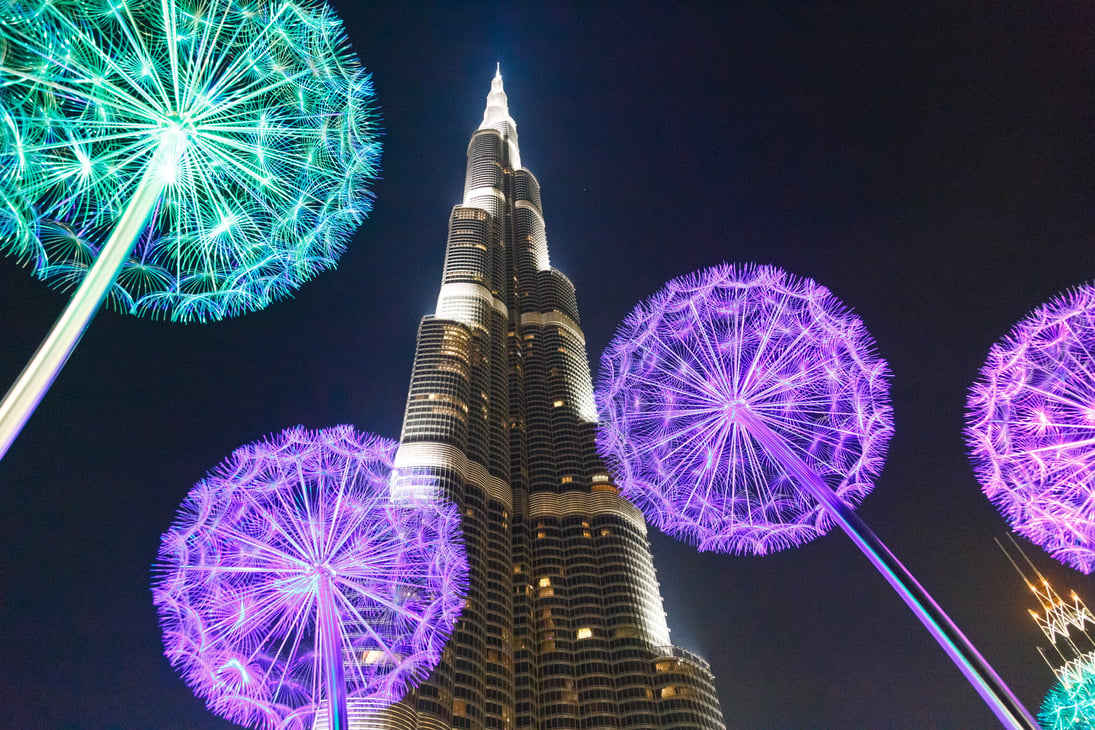 The Burj Khalifa with Illuminated Flowers in Dubai, UAE