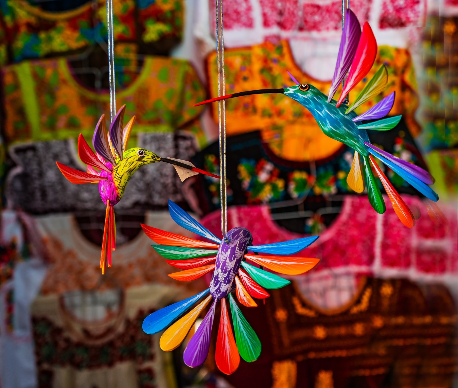 Colorful Wooden Hummingbirds Handicrafts Oaxaca Mexico